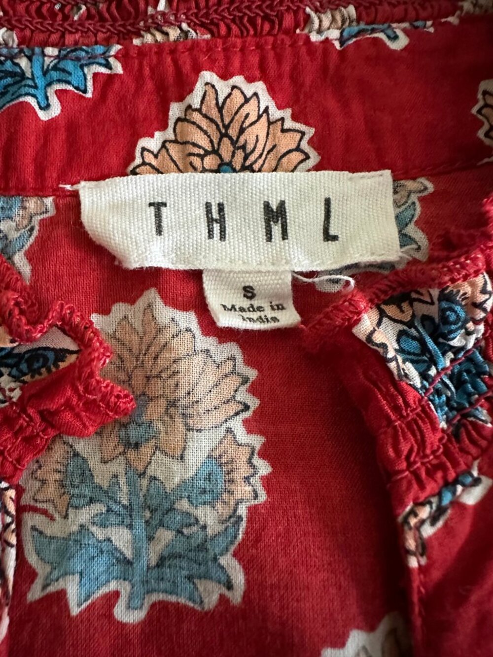THML smocked block print short sleeve top - Red - Small - Picture 4 of 5